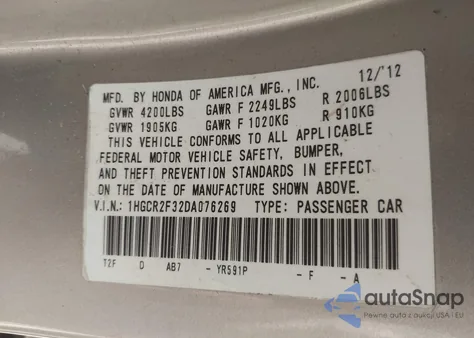 2013 Honda Accord Lx from USA, damaged, VIN 1HGCR2F32DA076269